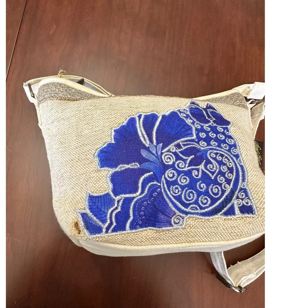 Laurel Burch Blue Cat Floral Canvas Crossbody Bag Silver Trim Adjustable Strap
